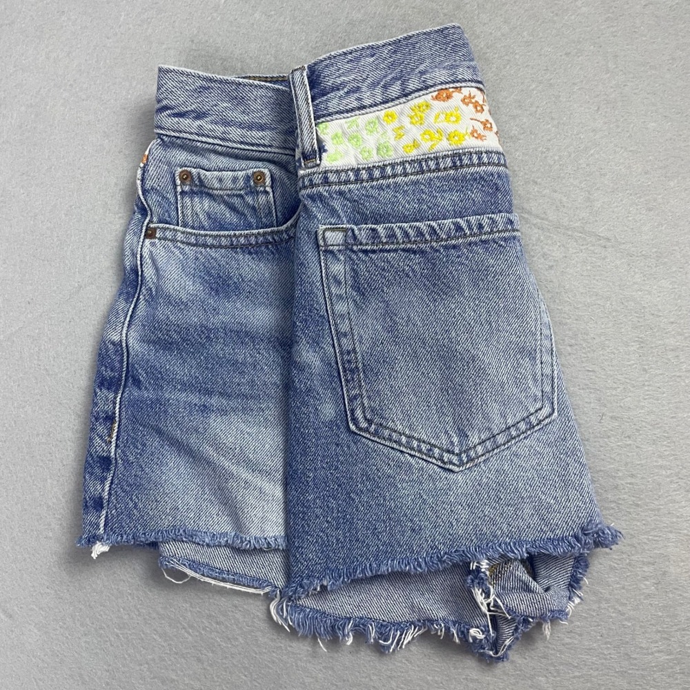 PAC SUN Denim Shorts High Waisted Blue Jean Cut Off Embroidered Waist Sz25 Boho‎